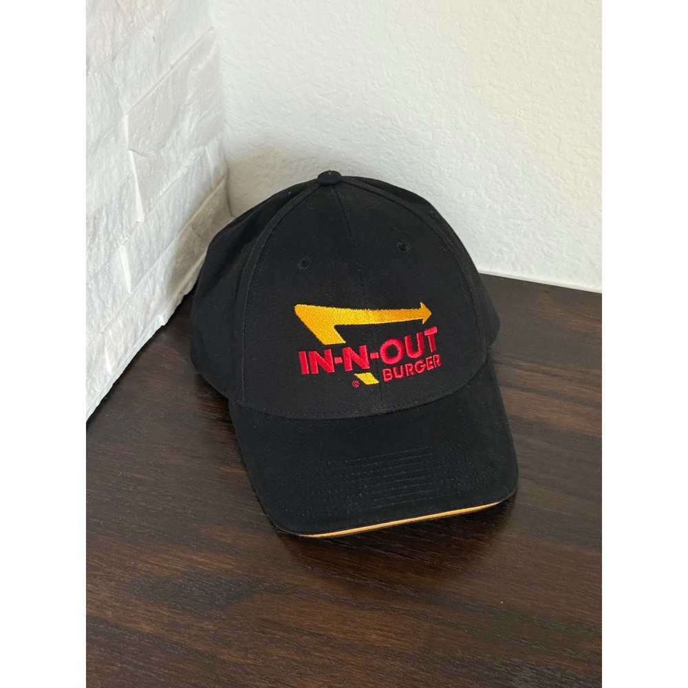 In-N-Out Burger Black Baseball Cap Adjustable Hat Yellow Logo Embroidered Mens